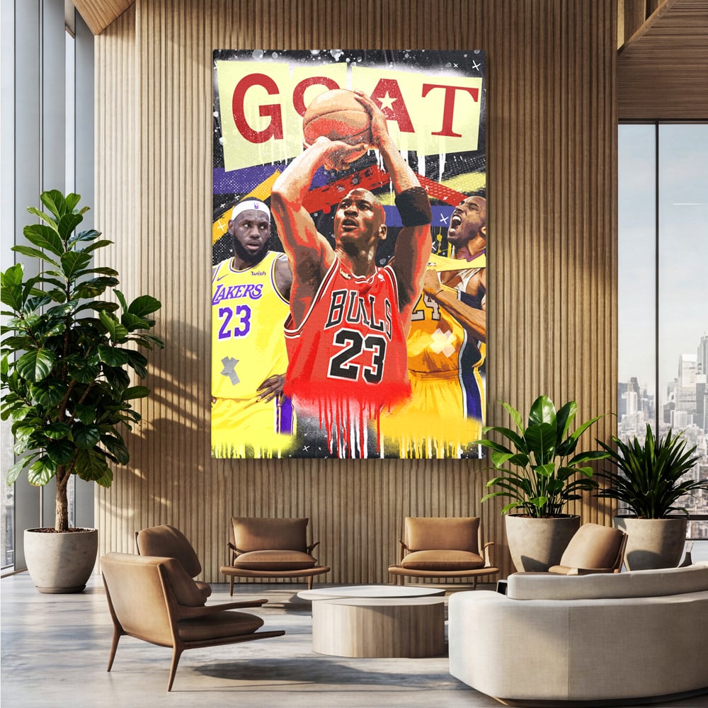 Tablou canvas cu tablou canvas cu michael jordan in actiune, fara rama, pe sasiu de lemn, pe perete intr-un birou